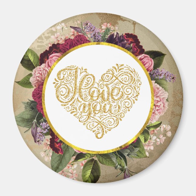 Aimant I Love You Fancy Golden Heart with Floral Frame (Devant)