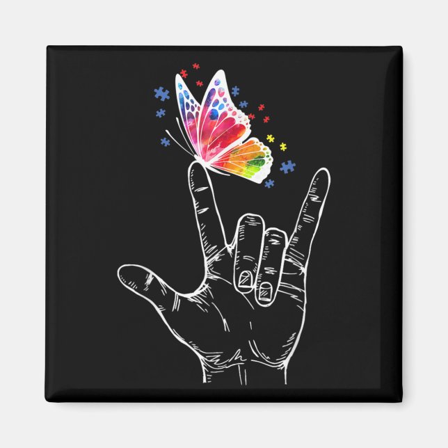 Aimant I Love You Hand Sign Language Butterfly Autism (Devant)