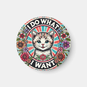 Aimant Illustration de chat avec des fleurs et un slogan