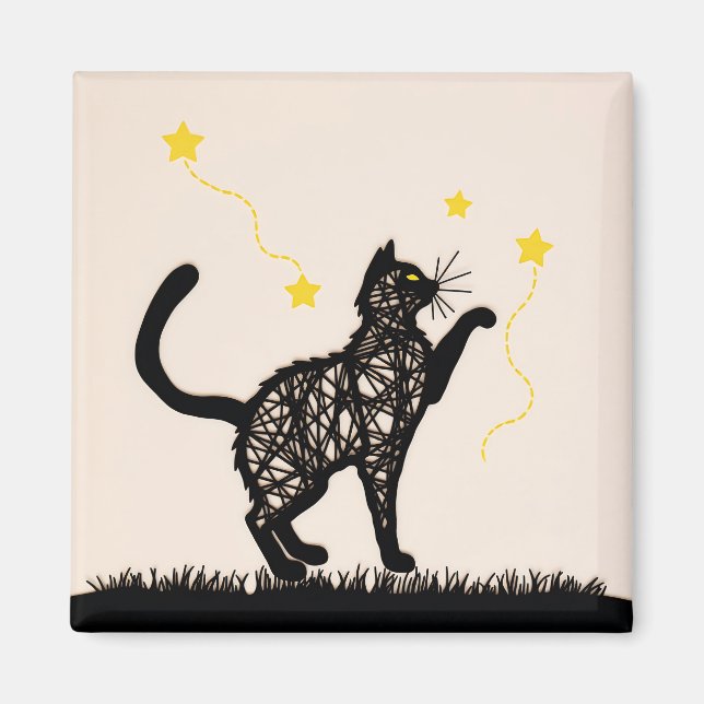 Aimant Illustration de chat noir étoiles ludiques (Devant)