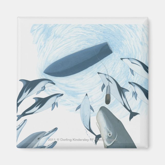 Aimant Illustration de dauphins regardant un bateau (Devant)