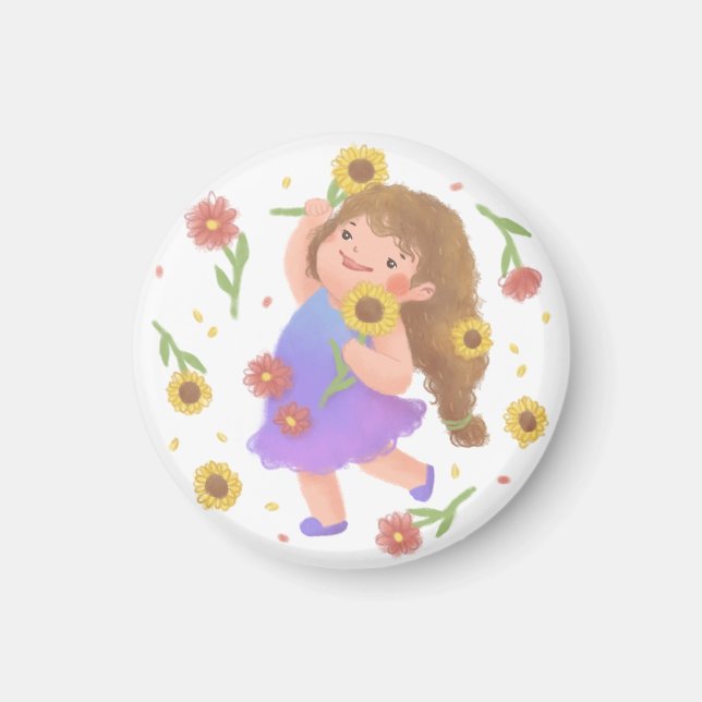 Aimant Illustration de la fille avec des tournesols (Devant)