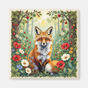 Aimant Illustration de renard dans une forêt de fleurs sa