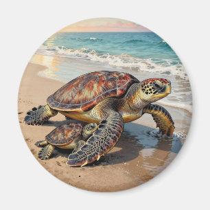 Aimant Illustration de tortue marine et bébé sur la plage