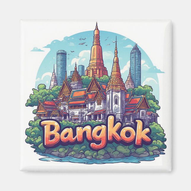 Aimant Illustration de voyage à Bangkok avec des temples  (Devant)