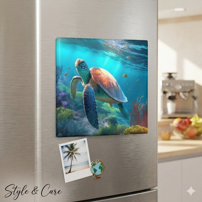 Aimant Illustration Décorative de Tortue Inspirée de l'Oc (Ocean Inspired Turtle Illustration Decorative Magnet)