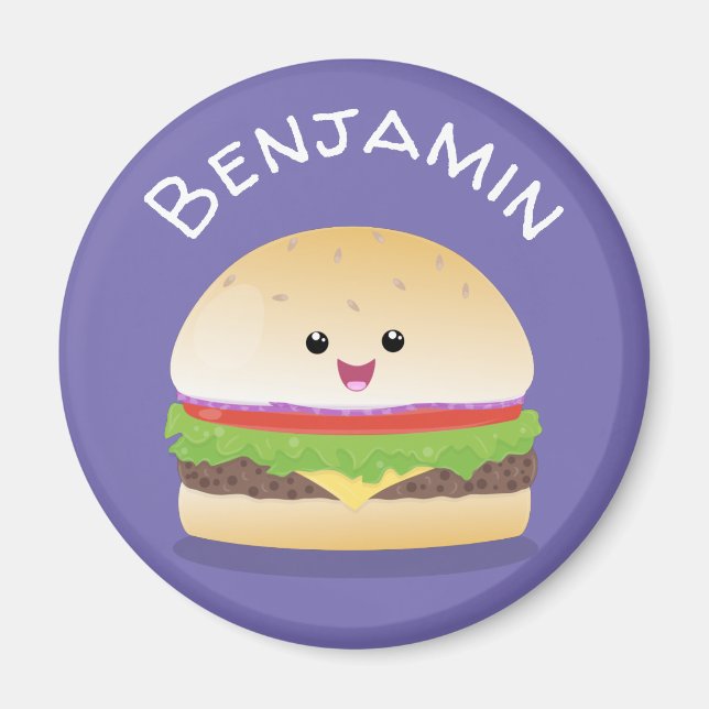 Aimant Illustration du joyeux hamburger Cute kawaii (Devant)