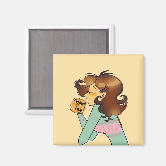 Aimant Illustration du matin d'une fille de café conforta (Recto/Verso)