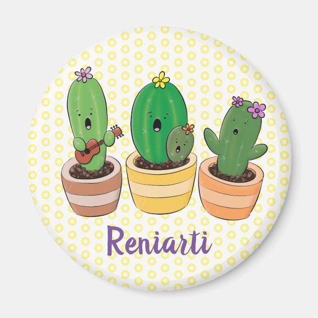 Aimant Illustration du trio de cactus à chant mignon (Devant)