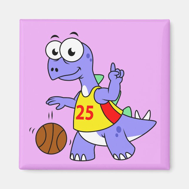 Aimant Illustration D'Un Stegosaurus Jouant Au Basket. (Devant)