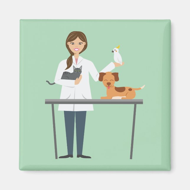 Aimant Illustration d'une femme vétérinaire avec animaux (Devant)