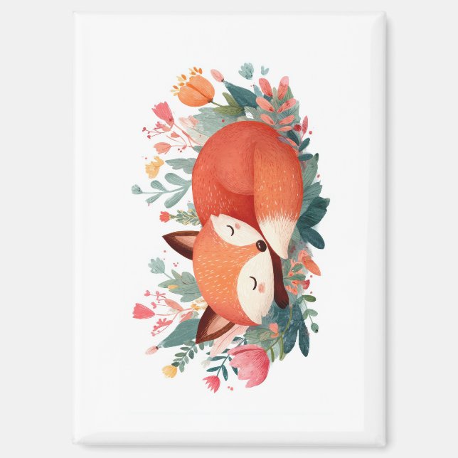 Aimant Illustration Florale Renard Endormi Mignon (Recto)