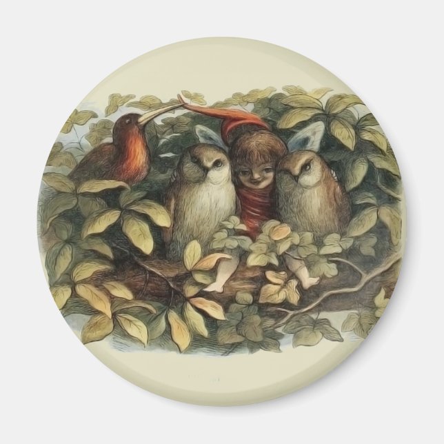 Aimant Illustration riche en nature de hiboux et de fées  (Devant)
