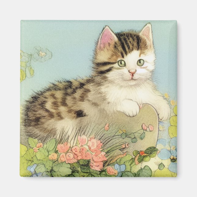Aimant Illustration vintage de chat avec fleurs roses (Devant)