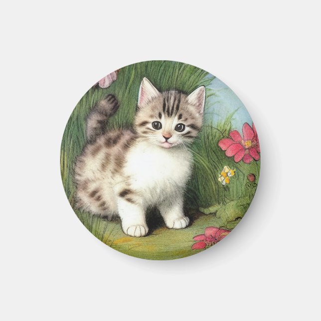 Aimant Illustration vintage de chat avec Fleurs rouges (Devant)