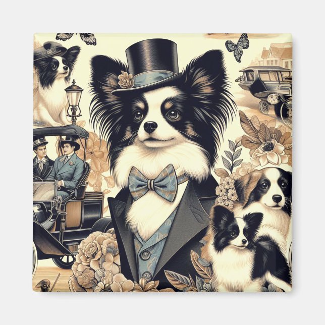 Aimant Illustration vintage de chien Papillon (Devant)