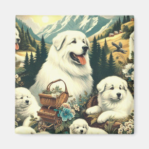 Aimant Illustration vintage des chiens des Grands Pyrénée