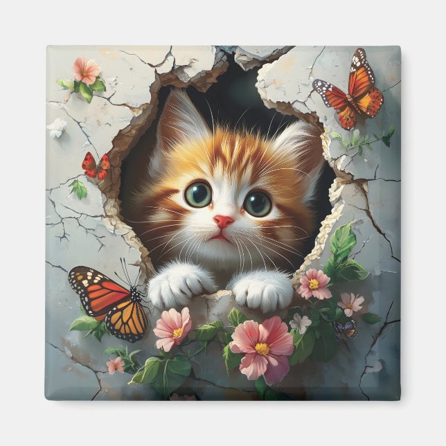 Aimant Image 3D d'un petit chaton mignon regardant dehors (Devant)
