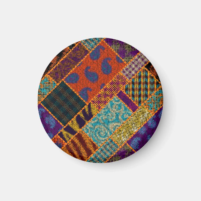 Aimant Imitation patchwork indienne, toile vintage. (Devant)