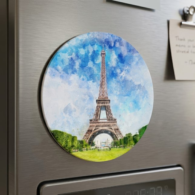 Aimant Impression aquarelle de la Tour Eiffel sur fond de (Eiffel Tower Watercolor Paris Skyline Art Print. Magnet)