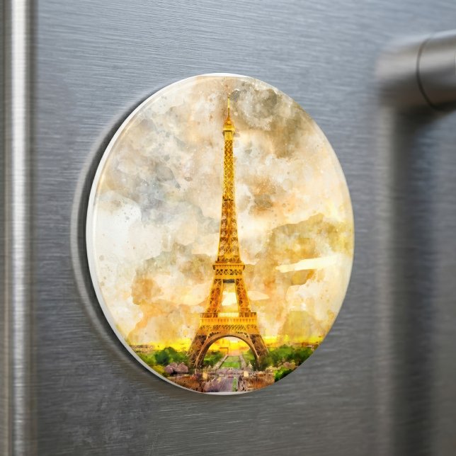 Aimant Impression artistique aquarelle du coucher de sole (Paris Eiffel Tower Watercolor Sunset Art Print. Magnet )