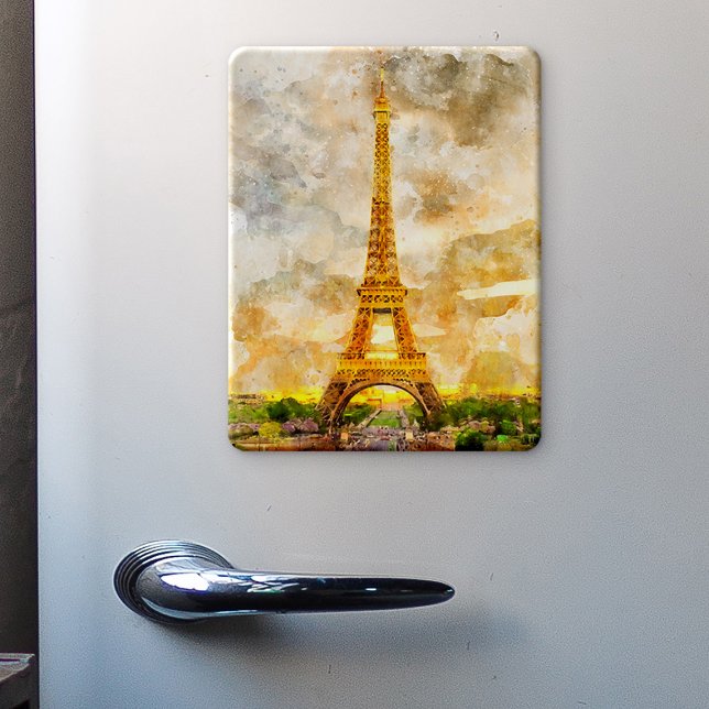Aimant Impression artistique aquarelle du coucher de sole (Paris Eiffel Tower Watercolor Sunset Art Print. Magnet )