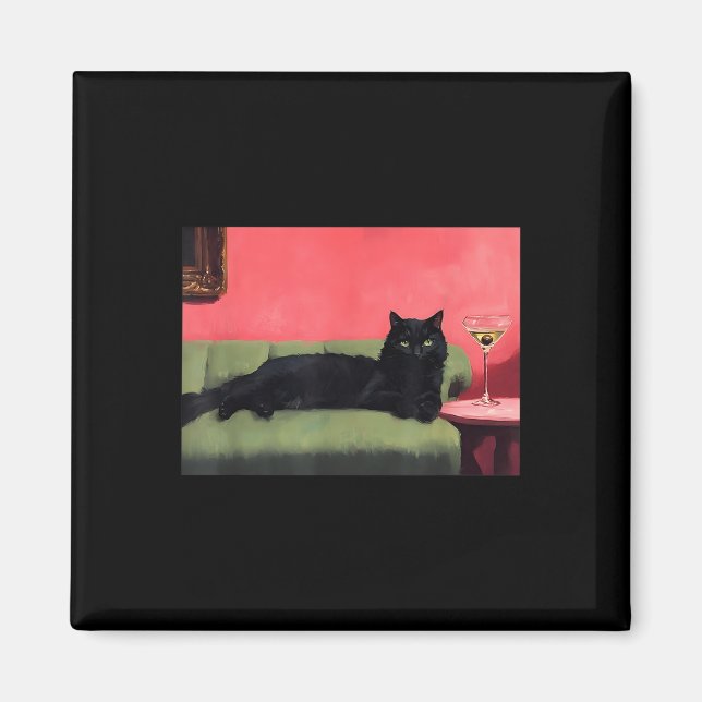 Aimant Impression d'art de chat noir avec martini (Devant)