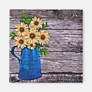 Aimant Impressionnisme rustique vase bleu marguerite d'ét