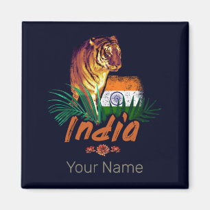 Aimant Inde Tigre Vintage Avec Drapeau Retro Lotus Souven