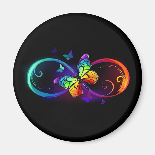 Aimant Infini vibrant avec papillon arc-en-ciel sur noir (Devant)