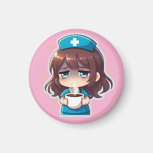 Aimant Infirmière Chibi Originale - Café avec Fatigue