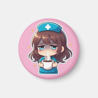 Aimant Infirmière Chibi Originale - Café avec Fatigue