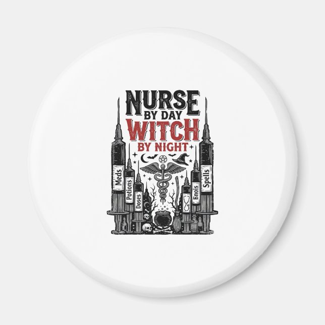 Aimant Infirmière le jour sorcière la nuit Design Hallowe (Devant)