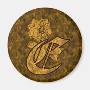 Aimant Initiale de monogramme E Fleur de pivoine en or