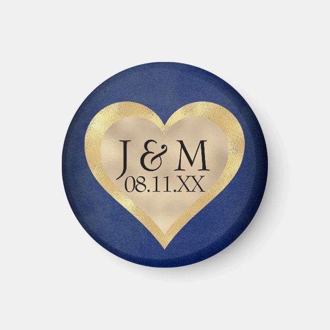 Aimant Initiales de cœur sur mariage Navy Blue & Or (Devant)