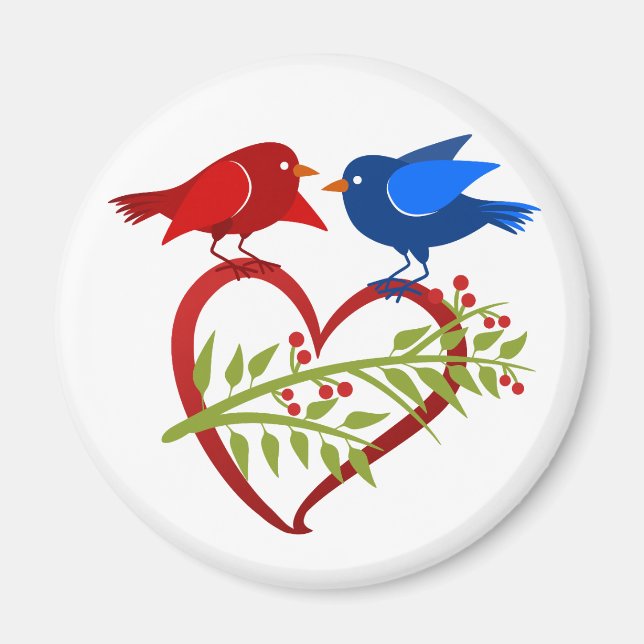 Aimant Inséparables bleus et rouges avec cœur (Devant)