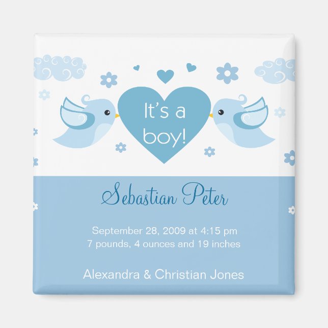 Aimant Inséparables bleus Faire-part de naissance bébé (Devant)