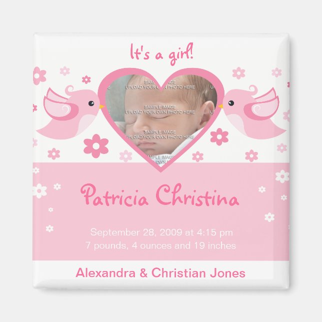 Aimant Inséparables roses Photo Faire-part de naissance b (Devant)