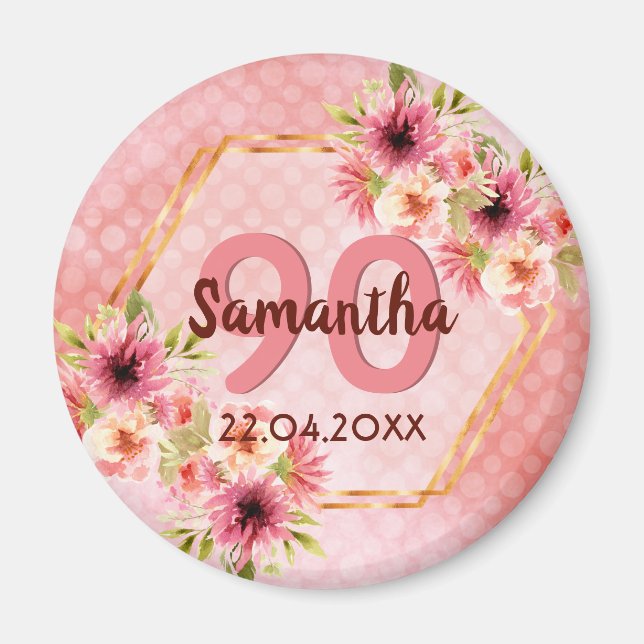 Aimant Invitation anniversaire 90 ans fleurs roses save t (Devant)