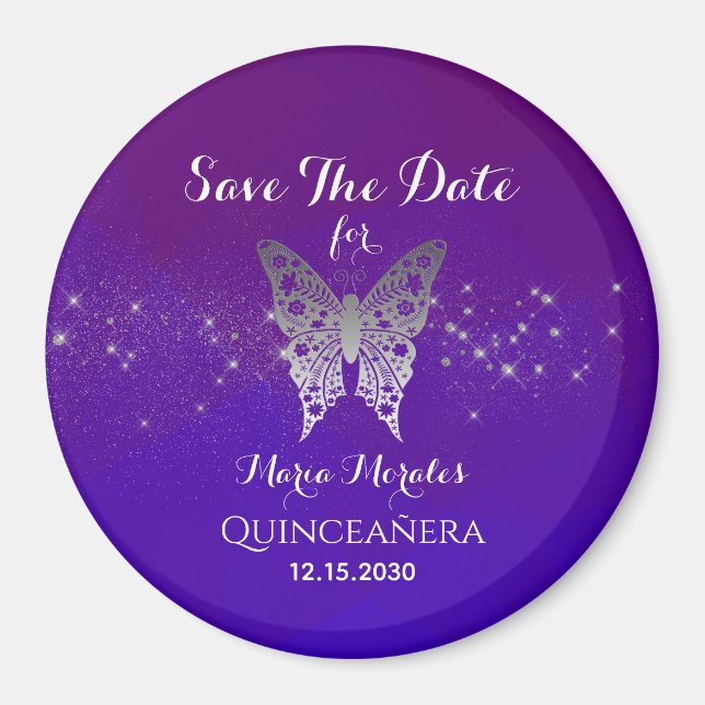 Aimant Invitation de sauvegarde de Quinceanera violette (Devant)