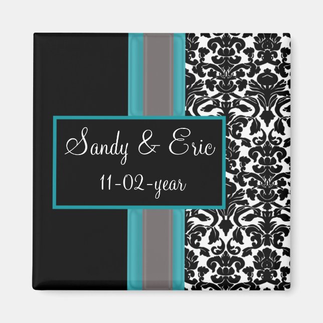 Aimant Invitations Aqua White Black Mariage damassé (Devant)