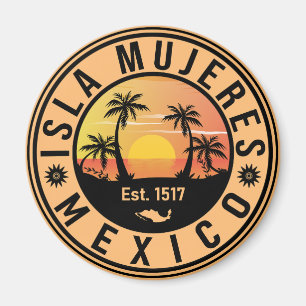 Aimant Isla Mujeres Mexique Retro Sunset Souvenirs Palm