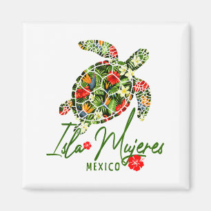 Aimant Isla Mujeres Mexique Tortue de mer Hibiscus Tropic