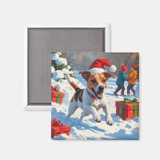 Aimant Jack Russell courant dans la neige avec un chapeau (Recto/Verso)