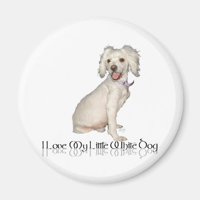 Aimant J'adore mon petit chien blanc - Mélange Caniche /  (Devant)