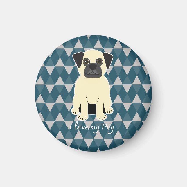 Aimant J'adore mon Pug, motif diamants bleus (Devant)