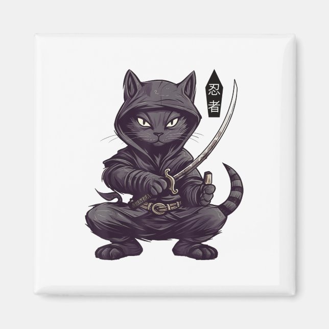 Aimant Japonais Samurai Chat Noir Tattoo, Kawaii Ninja Bl (Devant)