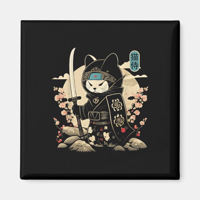 Aimant Japonais Samurai Chat Tattoo Kawaii Ninja Chat _1 (Devant)