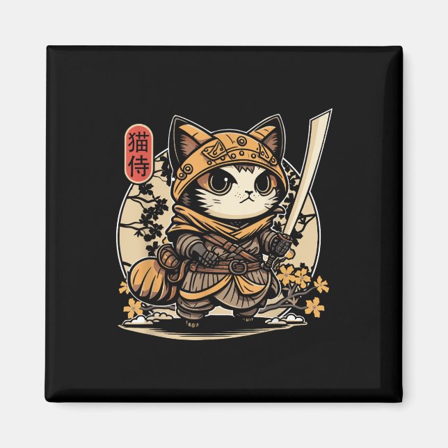 Aimant Japonais Samurai Chat Tattoo, Kawaii Ninja Chat _3 (Devant)