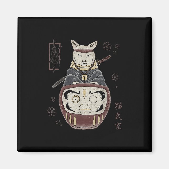 Aimant Japonais Samurai Ninja Chat Sur Daruma Traditionne (Devant)